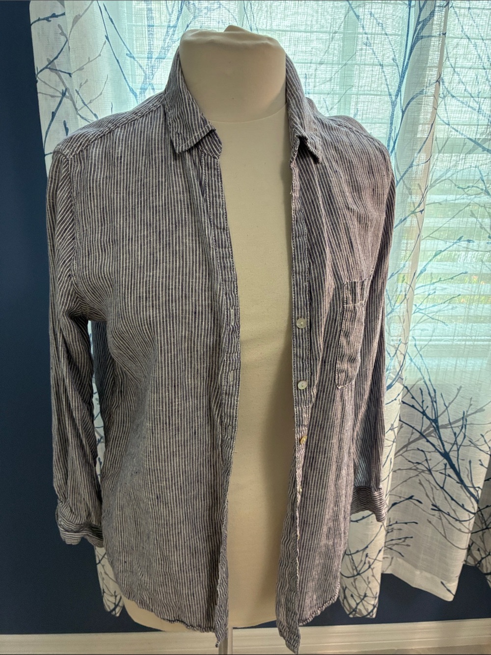 Sigrid Olsen Blue and White Striped Linen Button-Up Blouse